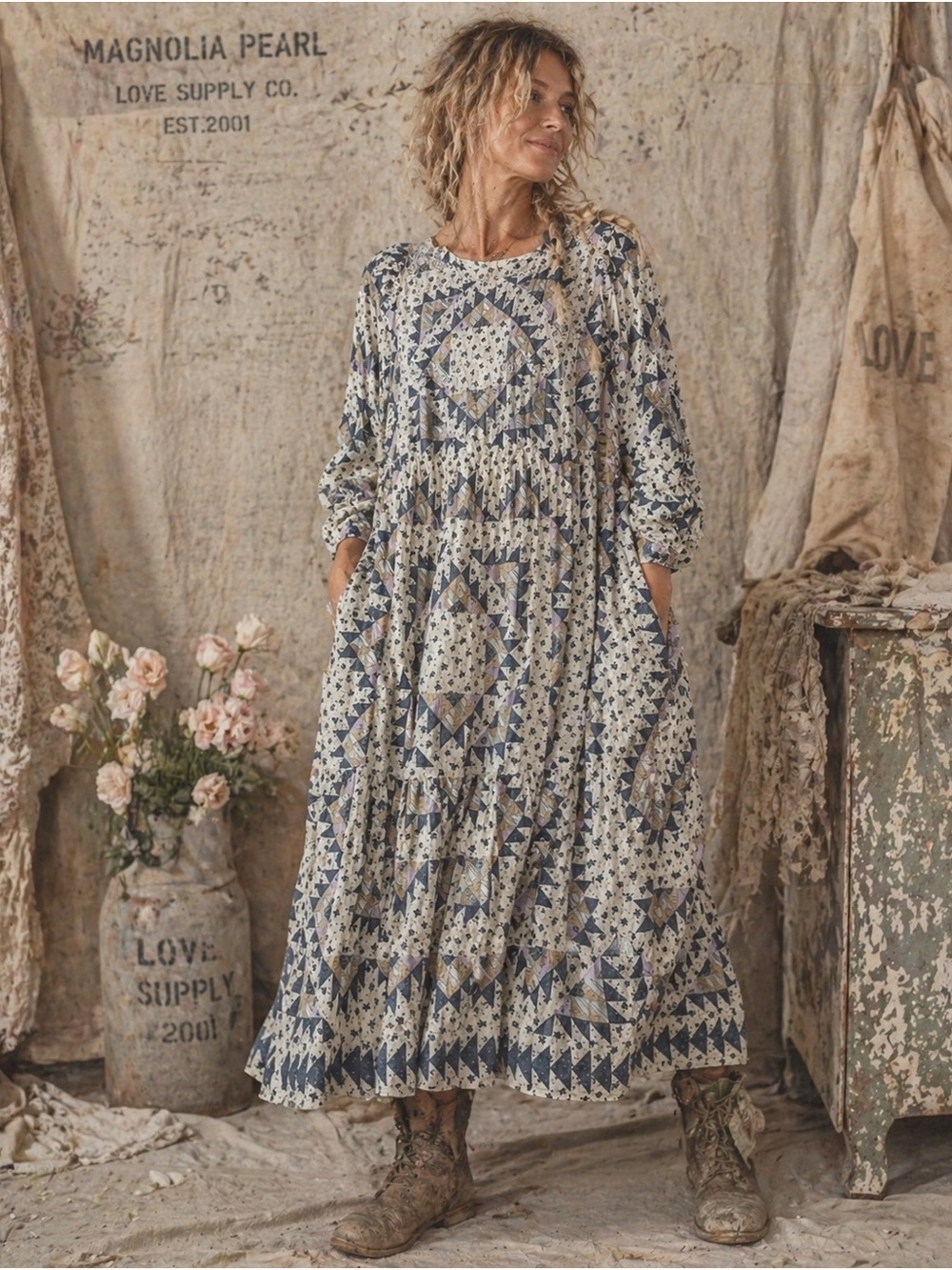 Anthropologie Blue and Cream Patchwork Maxi Dress